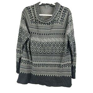 Talbots Plus Top XL Black White Fair Isle Cowl Neck Knit Long Sleeve Side Zip